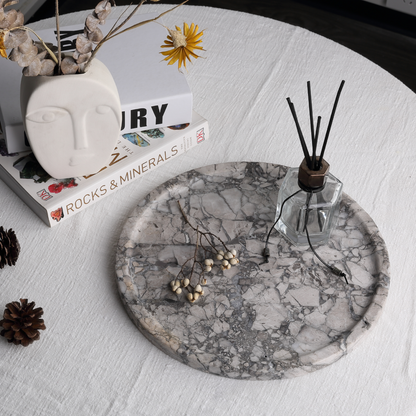 Koville round serving tray in multiple sizes for table styling in Silver Pearl natural stone