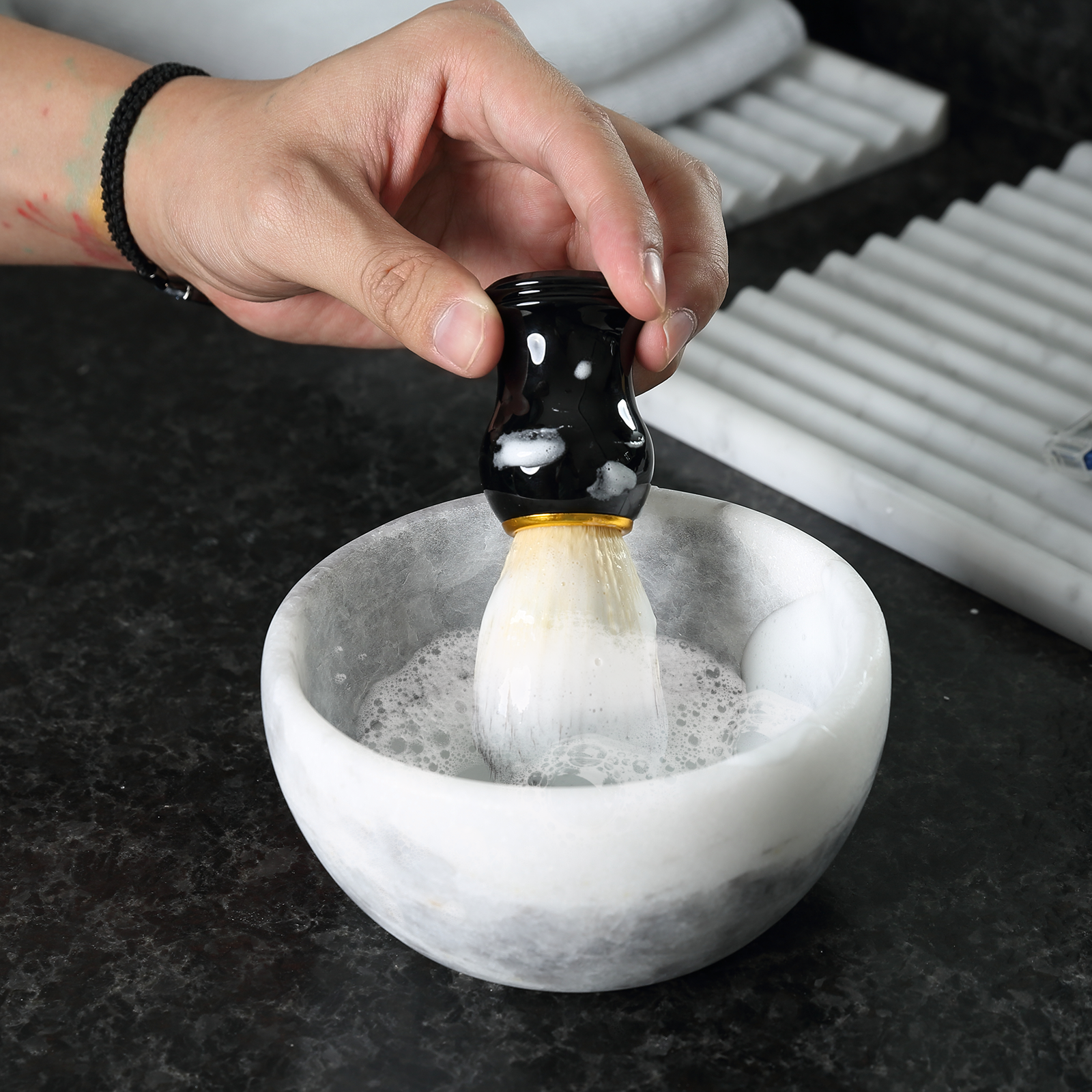 Koville Natural Marble natural marble shaving bowl with brush in Grigio Fantasy for bathroom vanity
