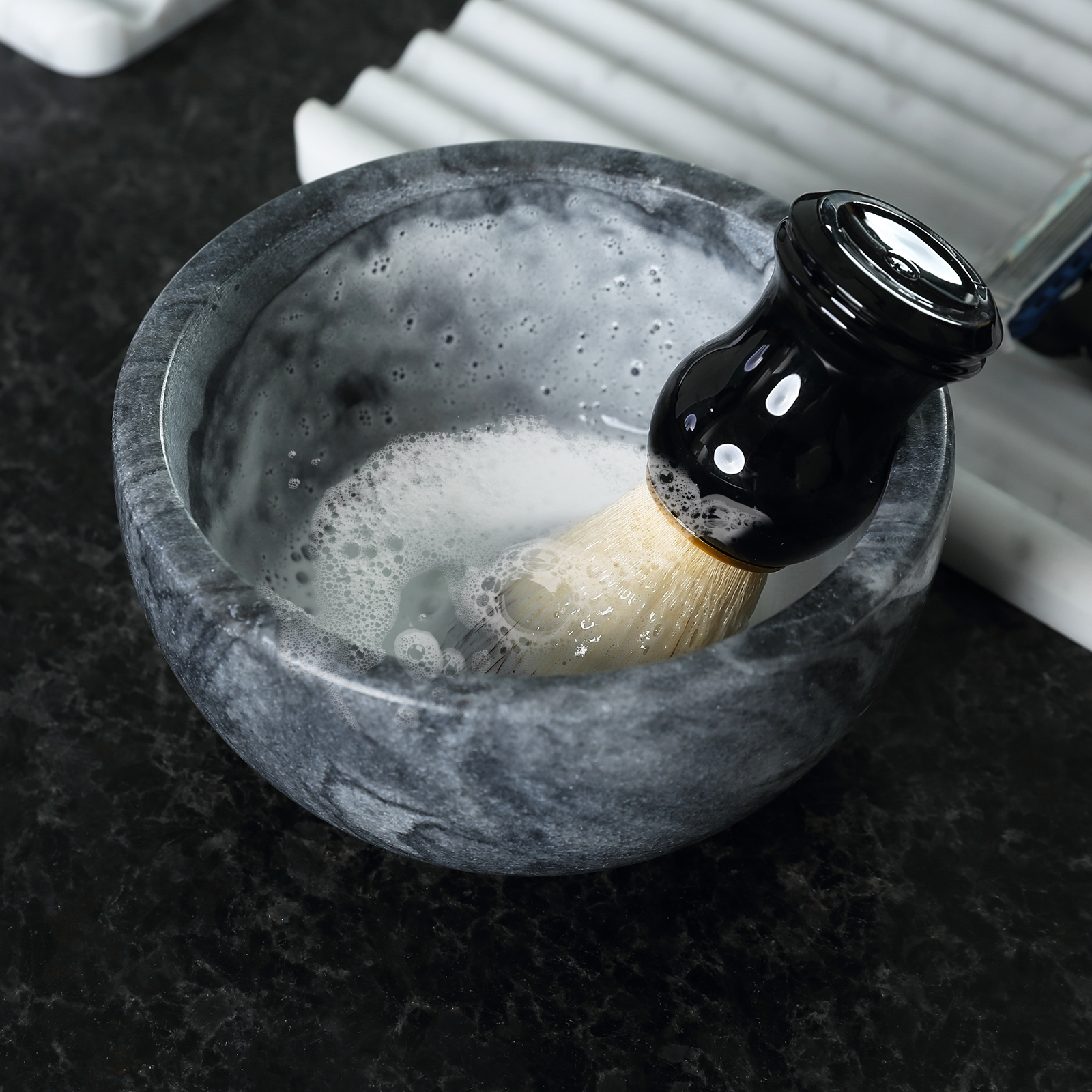Koville Natural Marble natural marble shaving bowl with brush in Monte Grigio for bathroom vanity