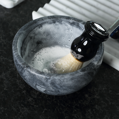 Koville Natural Marble natural marble shaving bowl with brush in Monte Grigio for bathroom vanity