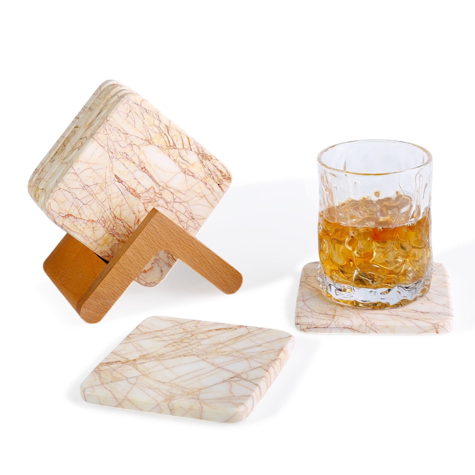 Koville Natural Stone Square Coaster Set for Table Protection in Golden Spider - product presentation