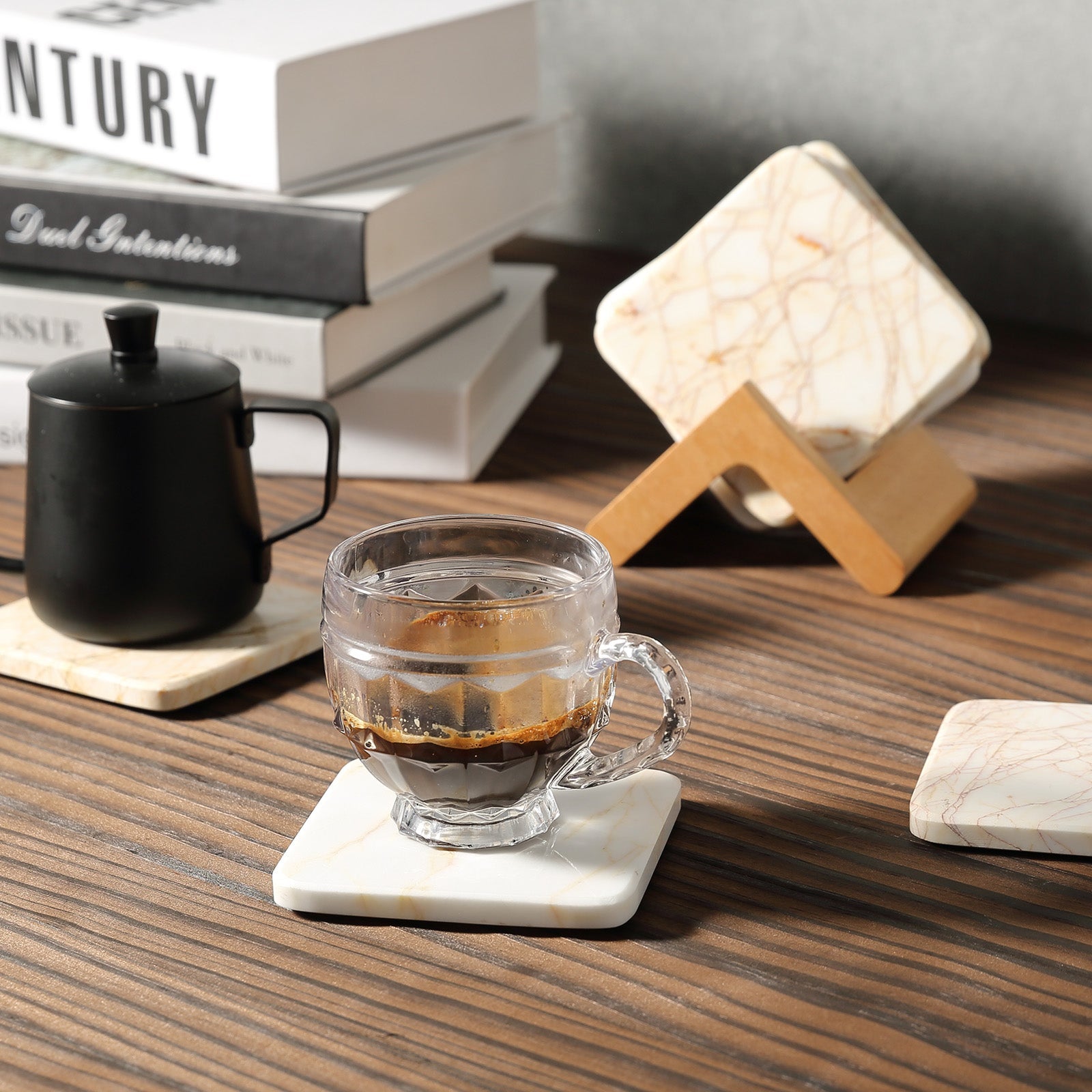 Koville Natural Stone Square Coaster Set for Table Protection in Golden Spider - product presentation