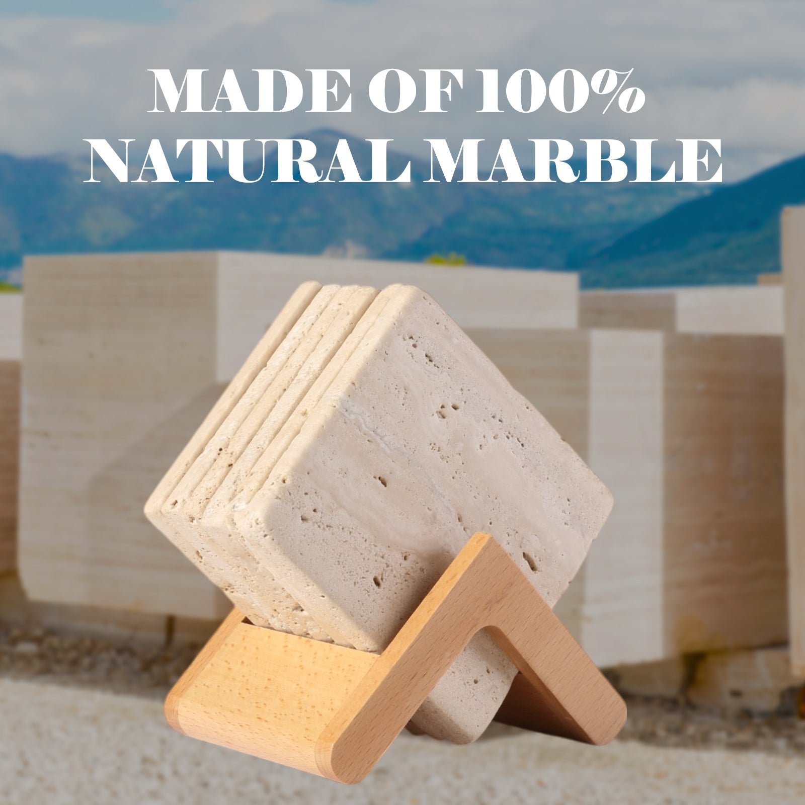 Koville natural marble square coaster in Crema Beige - stone surface detail