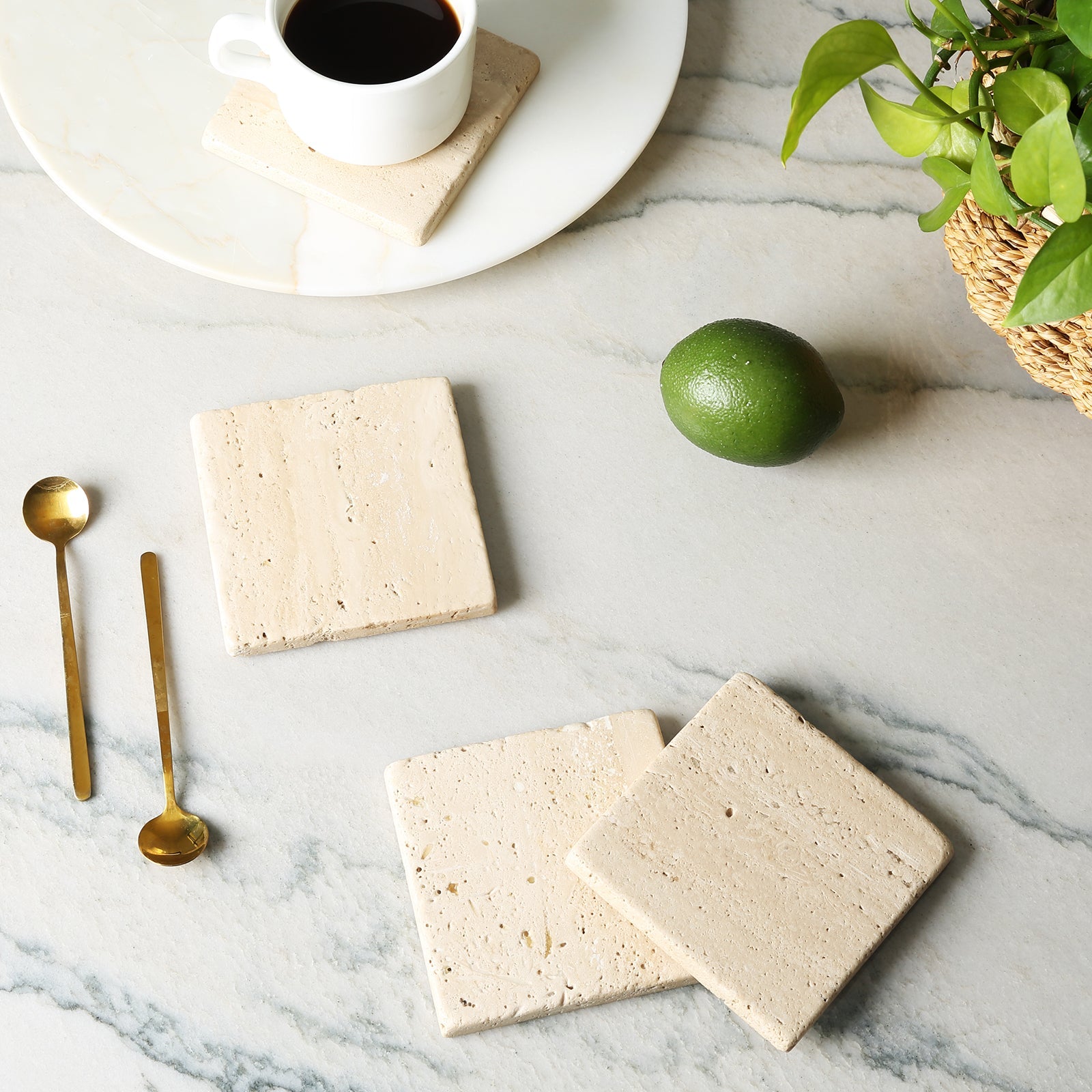 Koville Natural Marble Square Coaster Set for Table Protection in Crema Beige - natural stone finish