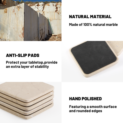 Koville Natural Marble Square Coaster Set for Table Protection in Crema Beige - stone surface detail