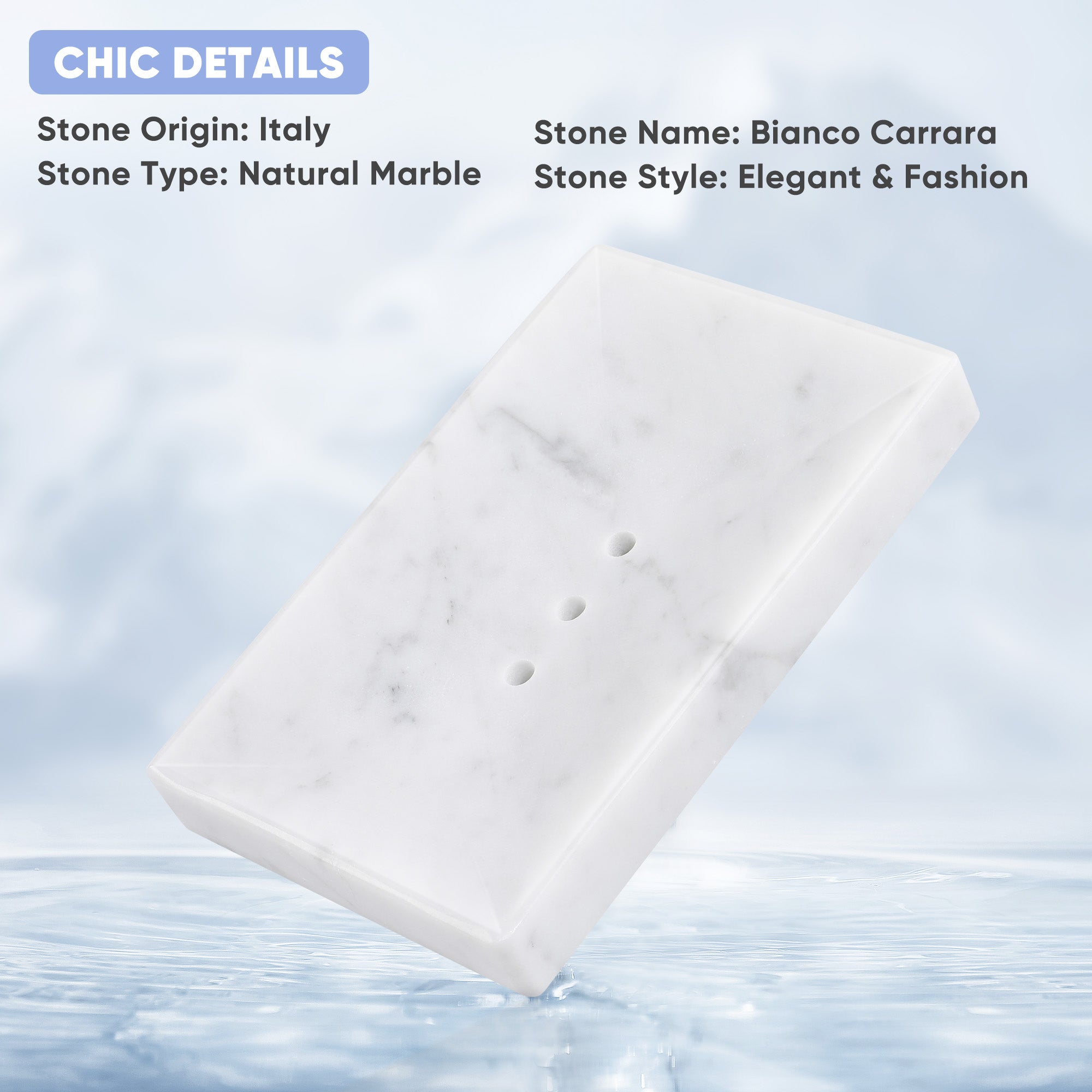 Koville Bianco Carrara marble square soap dish with beveled inset with a recessed soap bed and beveled marble edge for a bathroom vanity or shower ledge