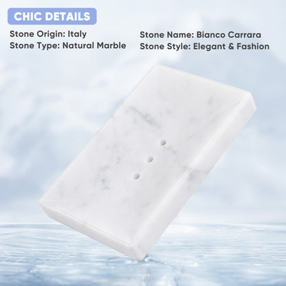 Koville Bianco Carrara marble square soap dish with beveled inset with a recessed soap bed and beveled marble edge for a bathroom vanity or shower ledge