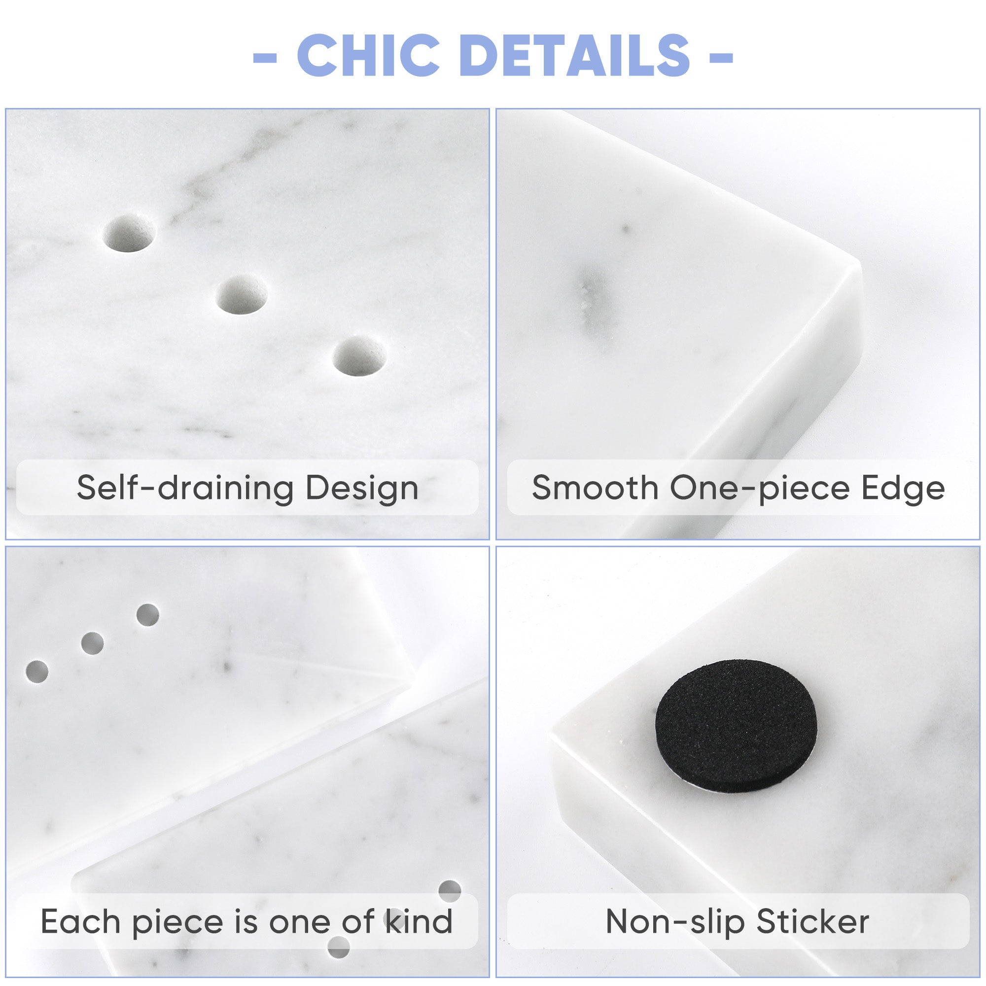 Koville Bianco Carrara marble square soap dish with beveled inset with a recessed soap bed and beveled marble edge for a bathroom vanity or shower ledge