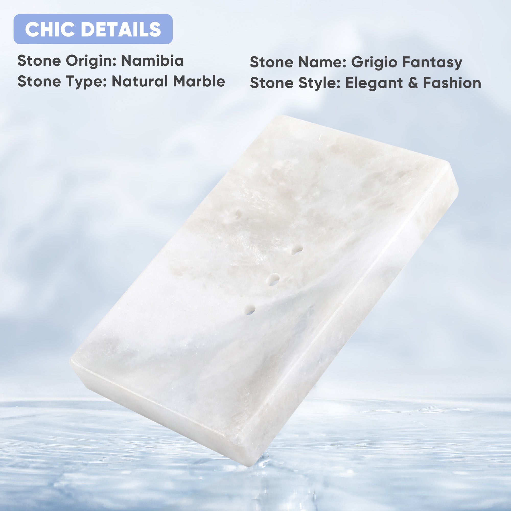 Koville Grigio Fantasy marble square soap dish with beveled inset with a recessed soap bed and beveled marble edge for a bathroom vanity or shower ledge