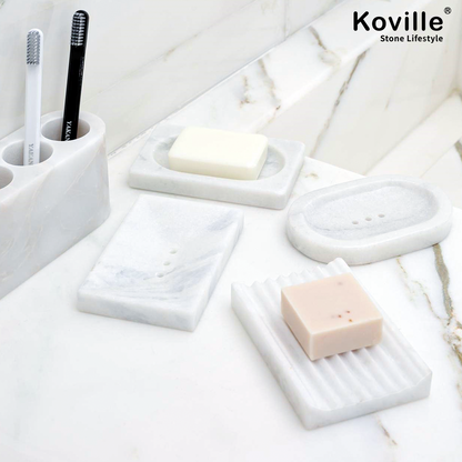 Koville Namib Fantasy marble square soap dish with beveled inset with a recessed soap bed and beveled marble edge for a bathroom vanity or shower ledge