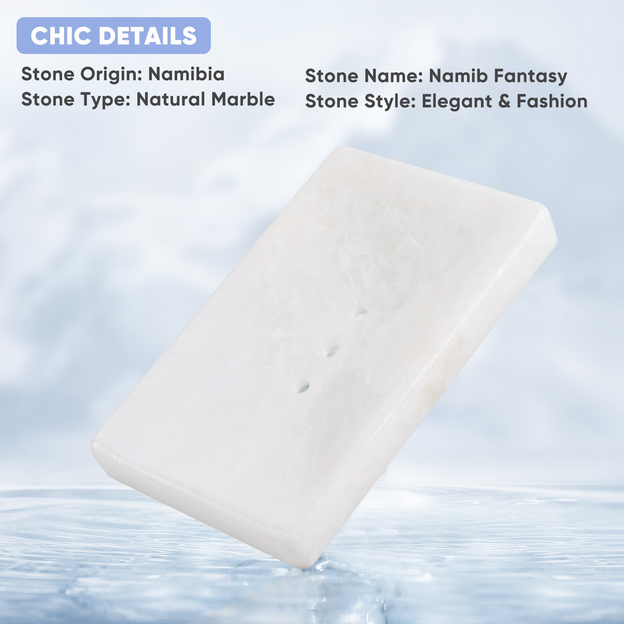 Koville Namib Fantasy marble square soap dish with beveled inset with a recessed soap bed and beveled marble edge for a bathroom vanity or shower ledge