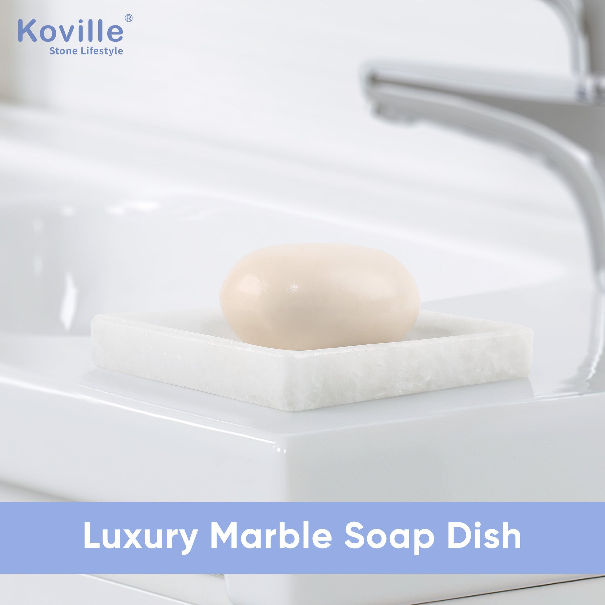 Koville Namib Fantasy marble square soap dish with beveled inset with a recessed soap bed and beveled marble edge for a bathroom vanity or shower ledge