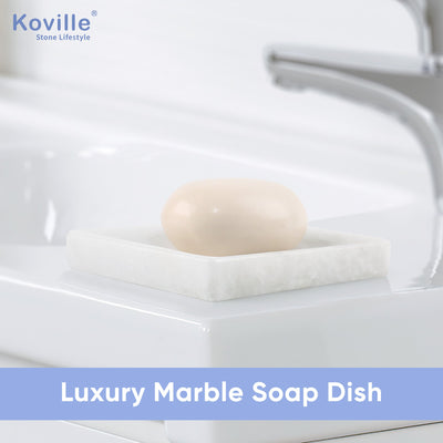 Koville Namib Fantasy marble square soap dish with beveled inset with a recessed soap bed and beveled marble edge for a bathroom vanity or shower ledge