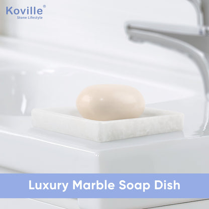 Koville Namib Fantasy marble square soap dish with beveled inset with a recessed soap bed and beveled marble edge for a bathroom vanity or shower ledge