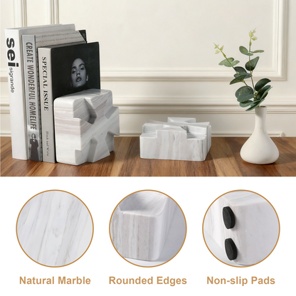 Koville Natural Stone Square Bookend Set for Modern Shelves in Volakas - crafted stone profile