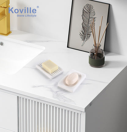Koville Namib Fantasy marble square soap dish with oval inset with an oval recessed soap bed set into a square marble base for a bathroom vanity or shower ledge
