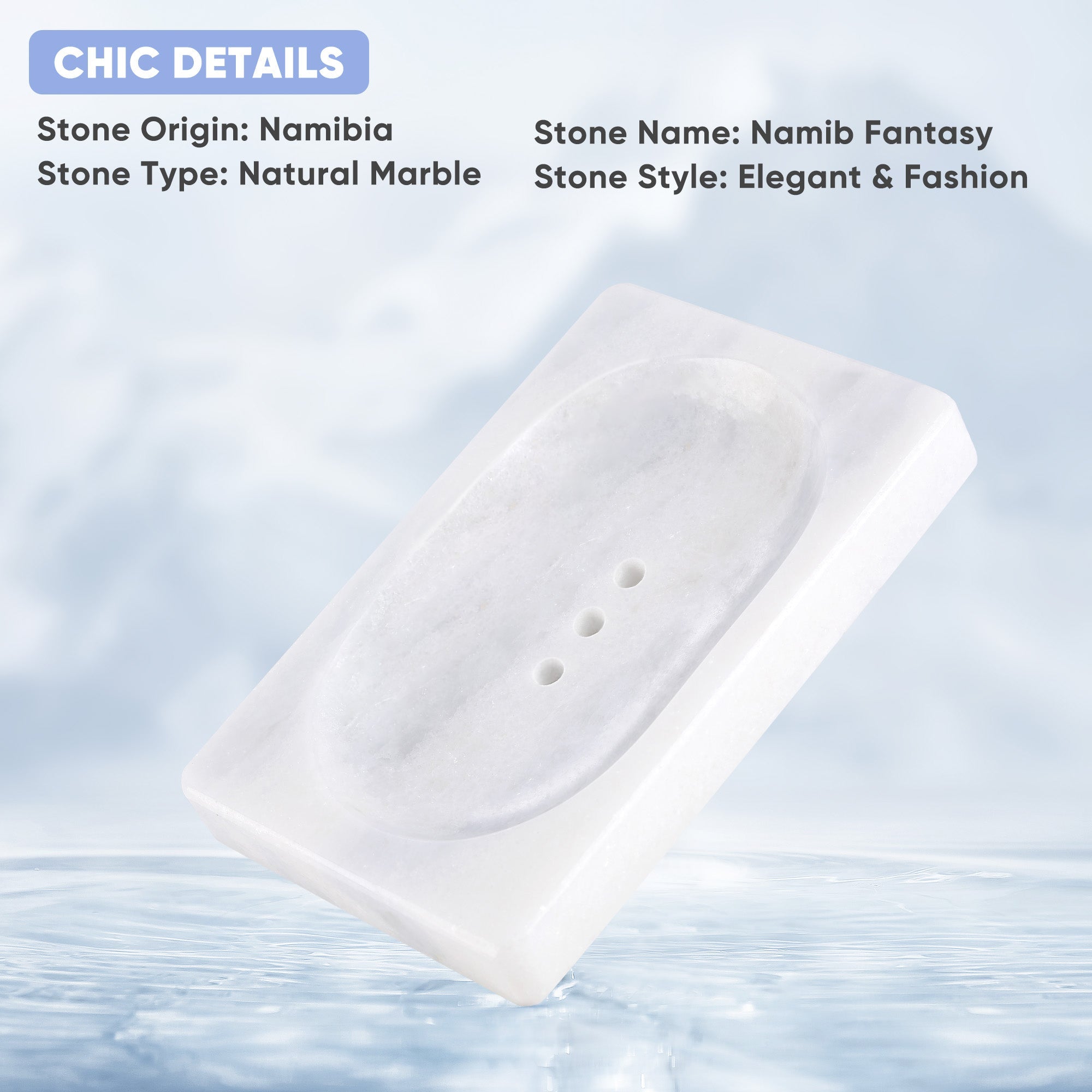 Koville Namib Fantasy marble square soap dish with oval inset with an oval recessed soap bed set into a square marble base for a bathroom vanity or shower ledge