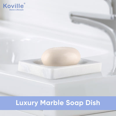 Koville Namib Fantasy marble square soap dish with oval inset with an oval recessed soap bed set into a square marble base for a bathroom vanity or shower ledge