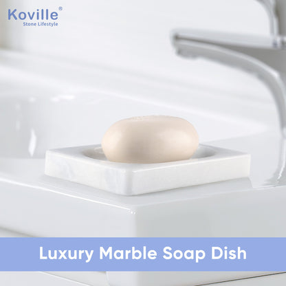 Koville Namib Fantasy marble square soap dish with oval inset with an oval recessed soap bed set into a square marble base for a bathroom vanity or shower ledge