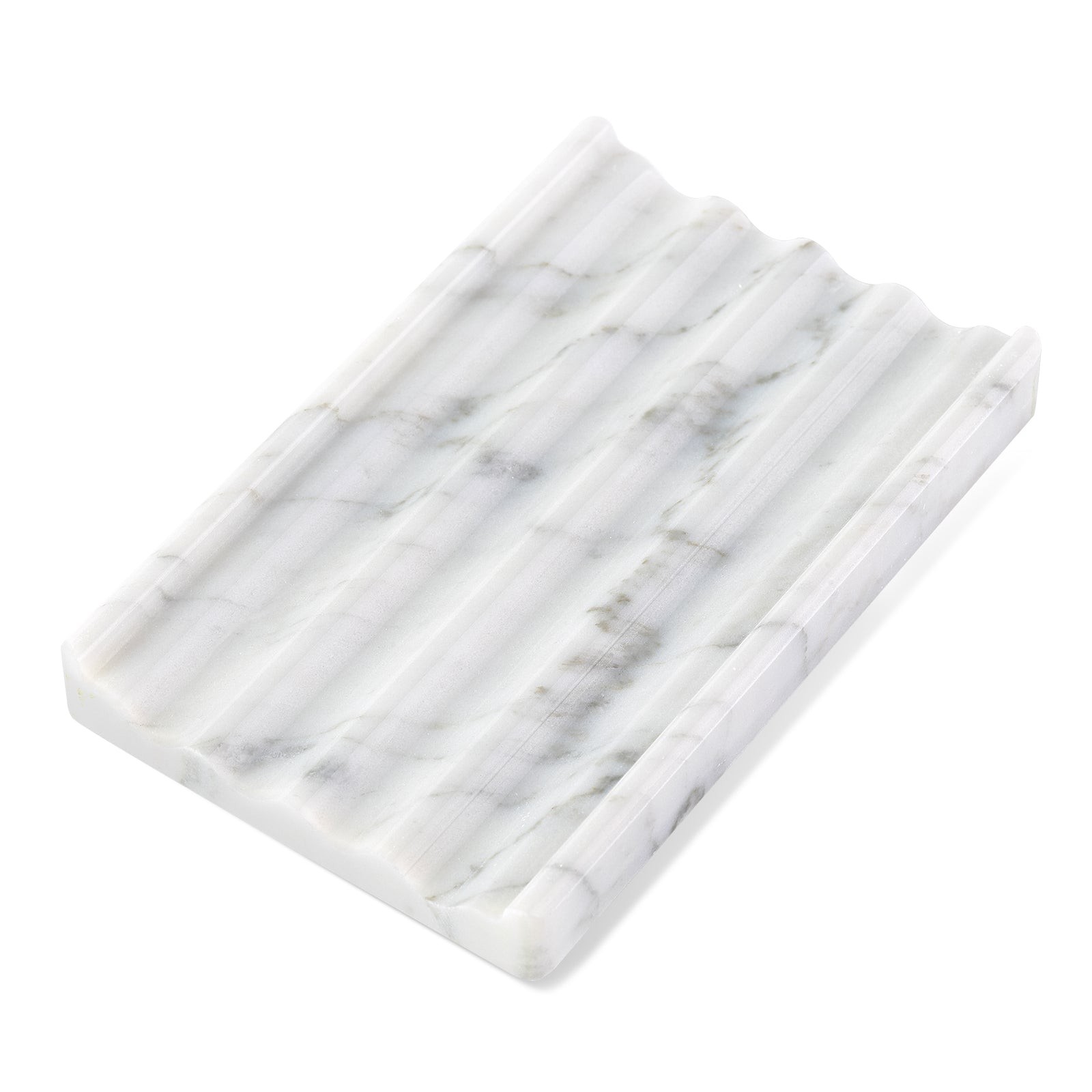 Koville Natural Marble square wavy soap dish in Bianco Carrara with sculpted wave surface