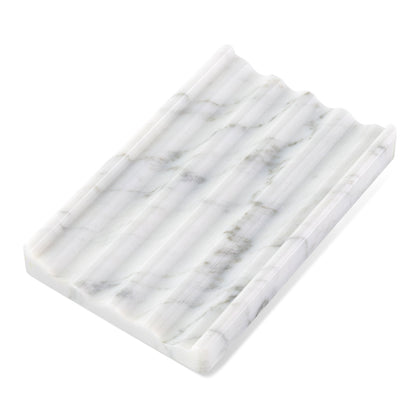Koville Natural Marble square wavy soap dish in Bianco Carrara with sculpted wave surface