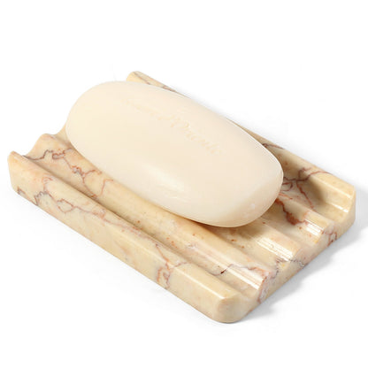 Koville Natural Marble square wavy soap dish in Crema Valencia with sculpted wave surface