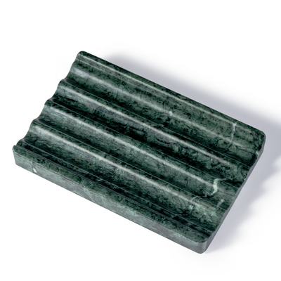 Koville Natural Marble square wavy soap dish in Indian Green with sculpted wave surface