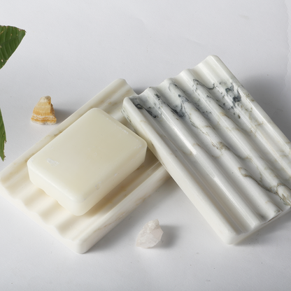 Koville Natural Marble square wavy soap dish in Namib Bianco with sculpted wave surface