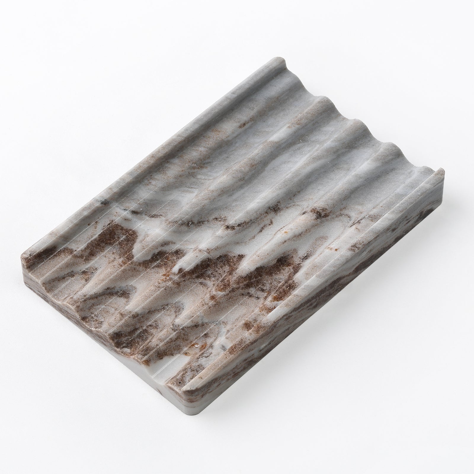 Koville Natural Marble square wavy soap dish in Palissandro with sculpted wave surface