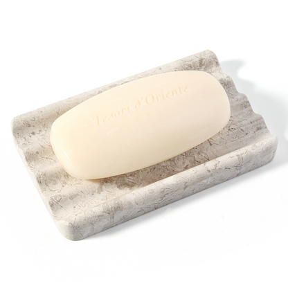 Koville Natural Marble square wavy soap dish in Tundra Grey with sculpted wave surface
