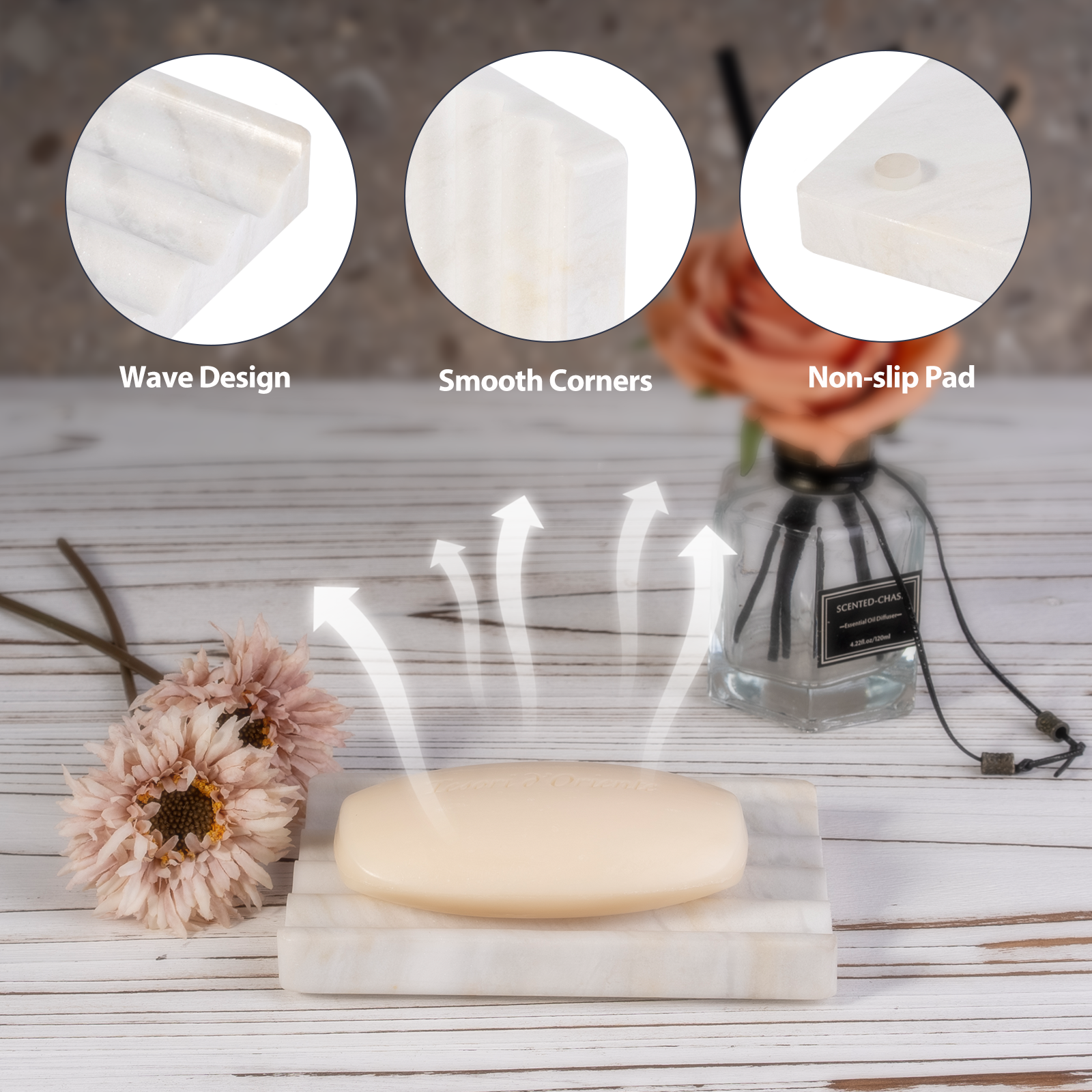 Koville Natural Marble square wavy soap dish set of two in Agiax with sculpted wave surface