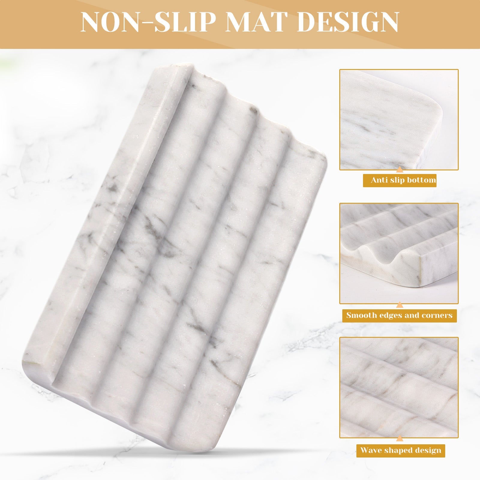 Koville Natural Marble square wavy soap dish set of two in Bianco Carrara with sculpted wave surface