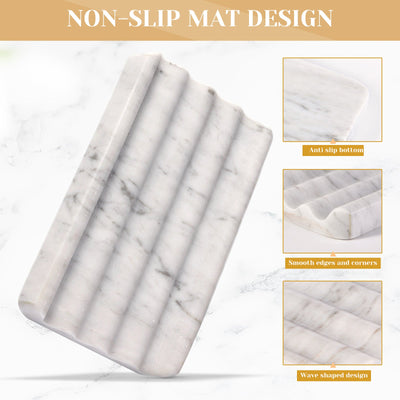 Koville Natural Marble square wavy soap dish set of two in Bianco Carrara with sculpted wave surface