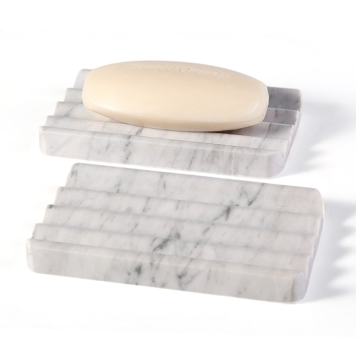 Koville Natural Marble square wavy soap dish set of two in Bianco Carrara with sculpted wave surface
