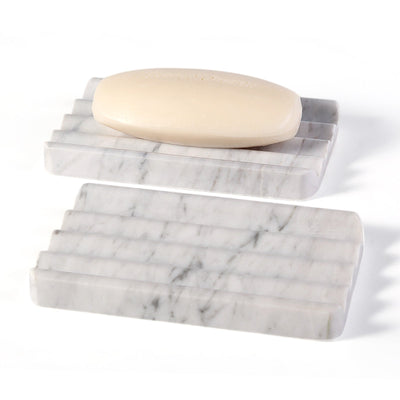 Koville Natural Marble square wavy soap dish set of two in Bianco Carrara with sculpted wave surface
