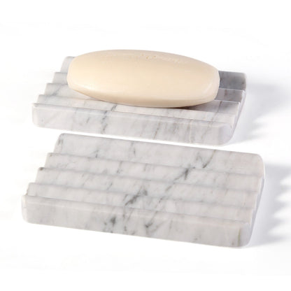 Koville Natural Marble square wavy soap dish set of two in Bianco Carrara with sculpted wave surface