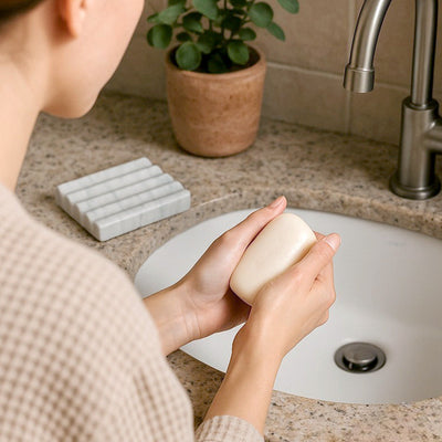 Koville Natural Marble square wavy soap dish set of two in Bianco Carrara with sculpted wave surface