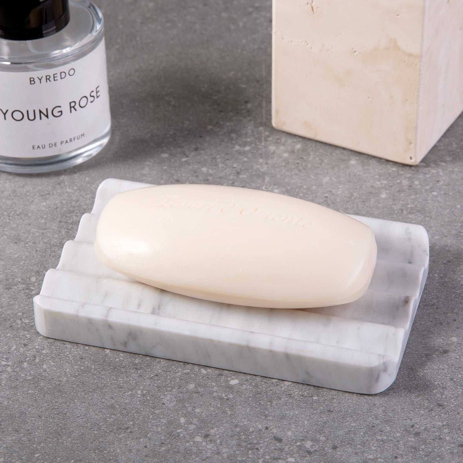Koville Natural Marble square wavy soap dish set of two in Bianco Carrara with sculpted wave surface