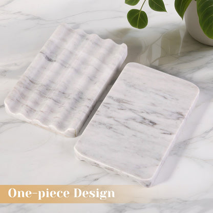 Koville Natural Marble square wavy soap dish set of two in Bianco Carrara with sculpted wave surface