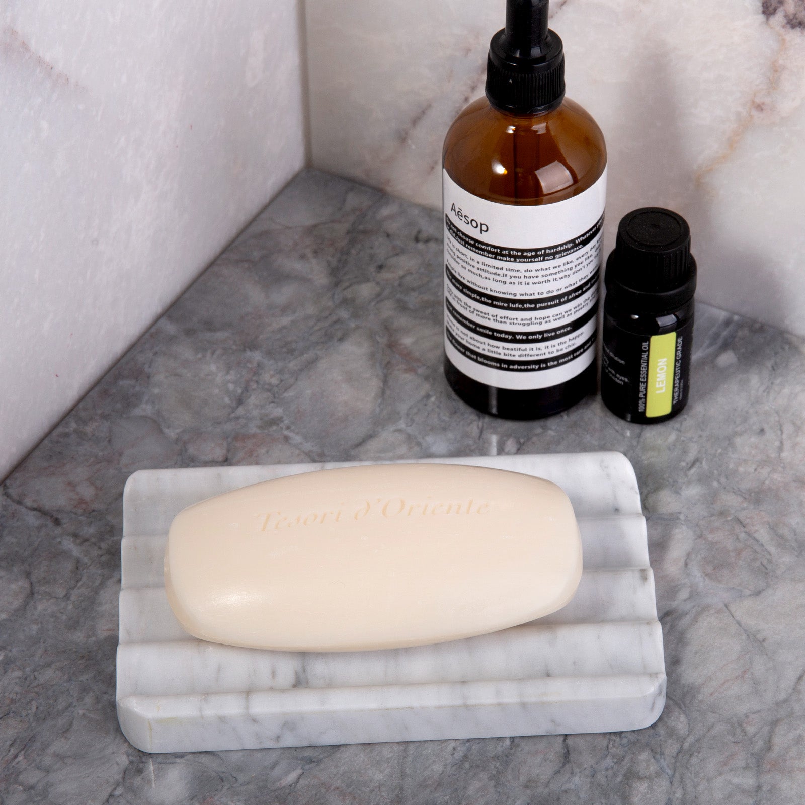 Koville Natural Marble square wavy soap dish set of two in Bianco Carrara with sculpted wave surface