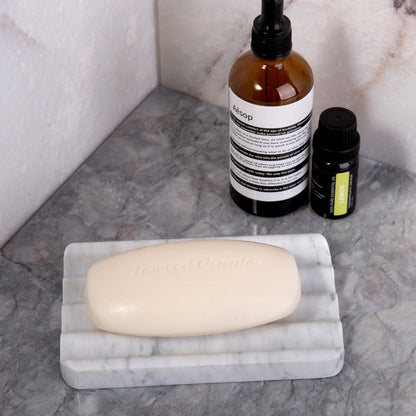 Koville Natural Marble square wavy soap dish set of two in Bianco Carrara with sculpted wave surface