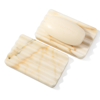 Koville Natural Marble square wavy soap dish set of two in Golden Calacatta with sculpted wave surface