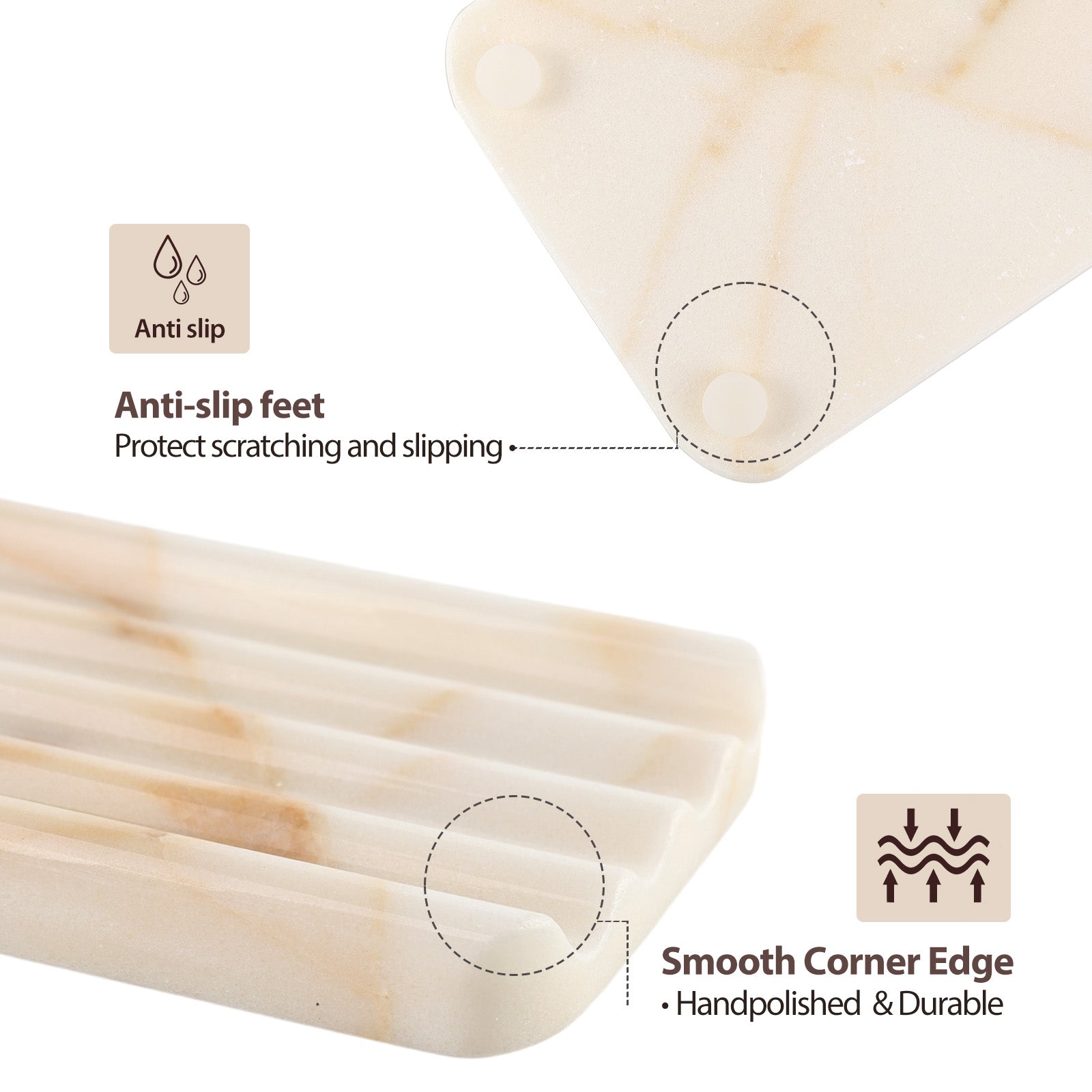 Koville Natural Marble square wavy soap dish set of two in Golden Calacatta with sculpted wave surface