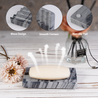 Koville Natural Marble square wavy soap dish set of two in Monte Grigio with sculpted wave surface