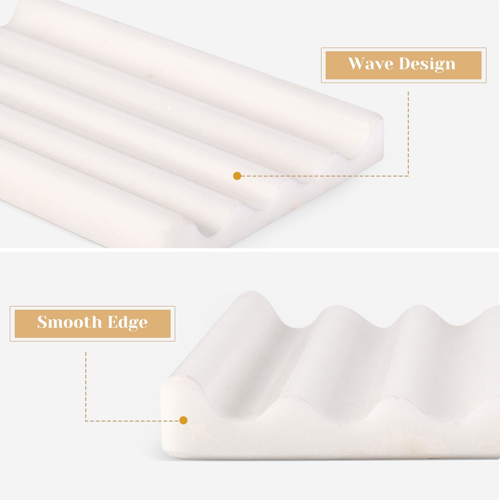 Koville Natural Marble square wavy soap dish set of two in Namib Bianco with sculpted wave surface