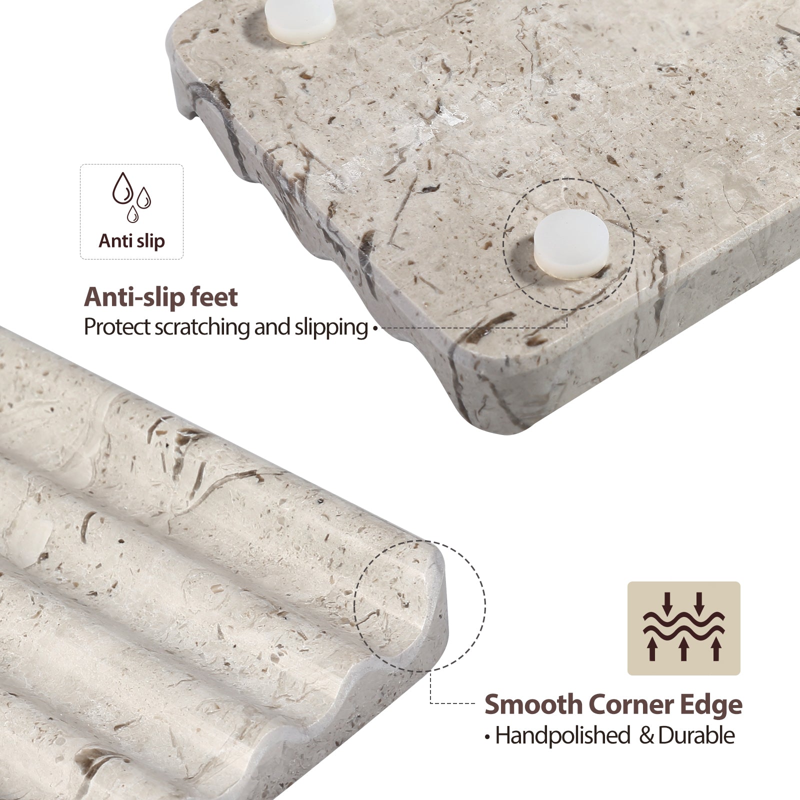 Koville Natural Marble square wavy soap dish set of two in Repen with sculpted wave surface