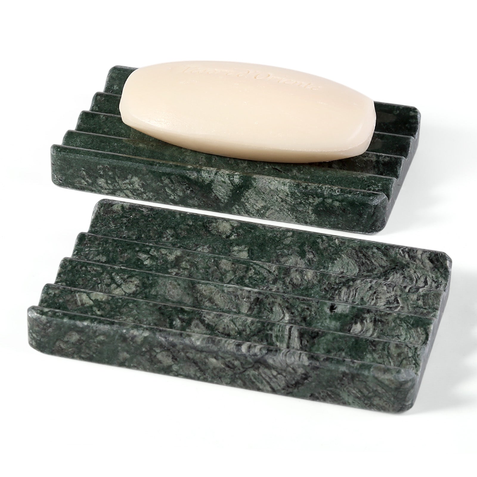 Koville Natural Marble square wavy soap dish set of two in Verde Alpi with sculpted wave surface