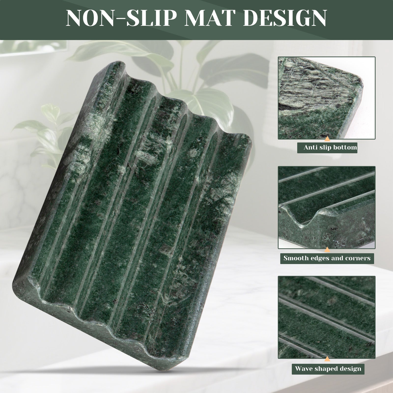 Koville Natural Marble square wavy soap dish set of two in Verde Alpi with sculpted wave surface