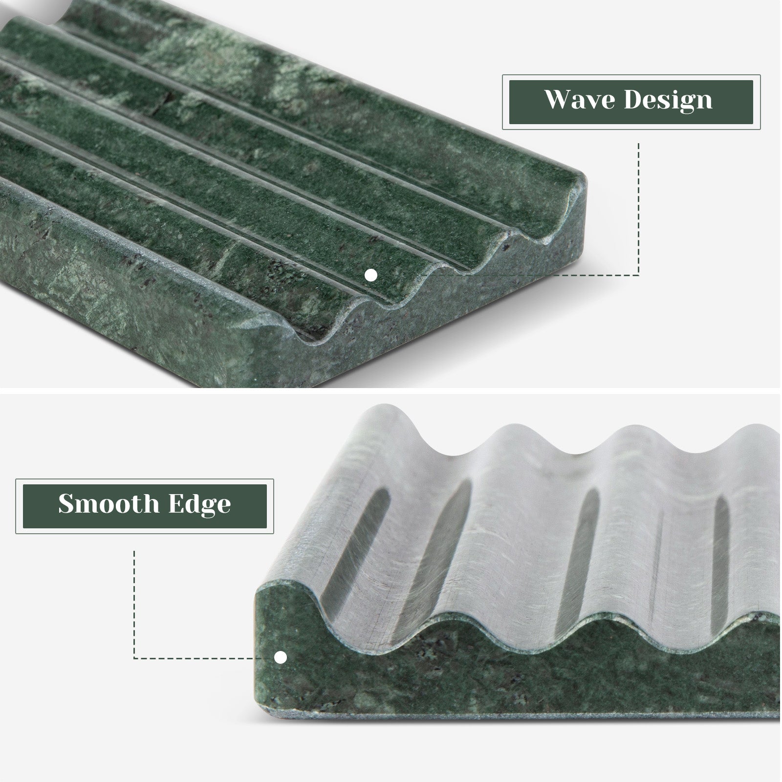 Koville Natural Marble square wavy soap dish set of two in Verde Alpi with sculpted wave surface