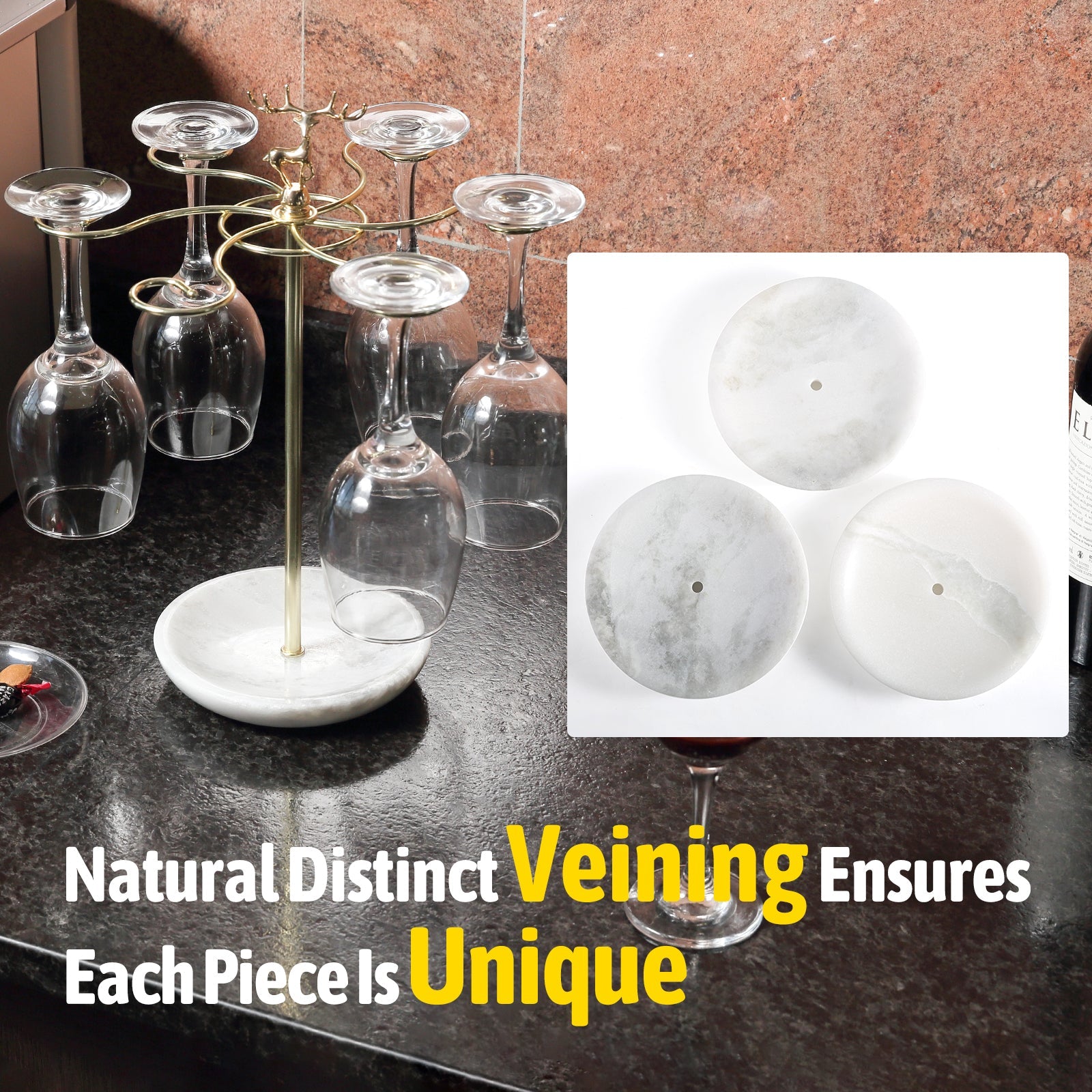 Koville Natural Stone Stemware Rack in Namib Fantasy mounted under a cabinet holding wine glasses